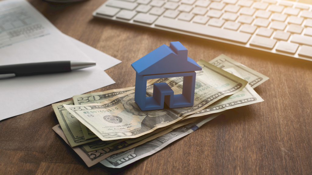 Real estate financing concept with house icon and dollar bills representing alternative lending and 0% interest business loans